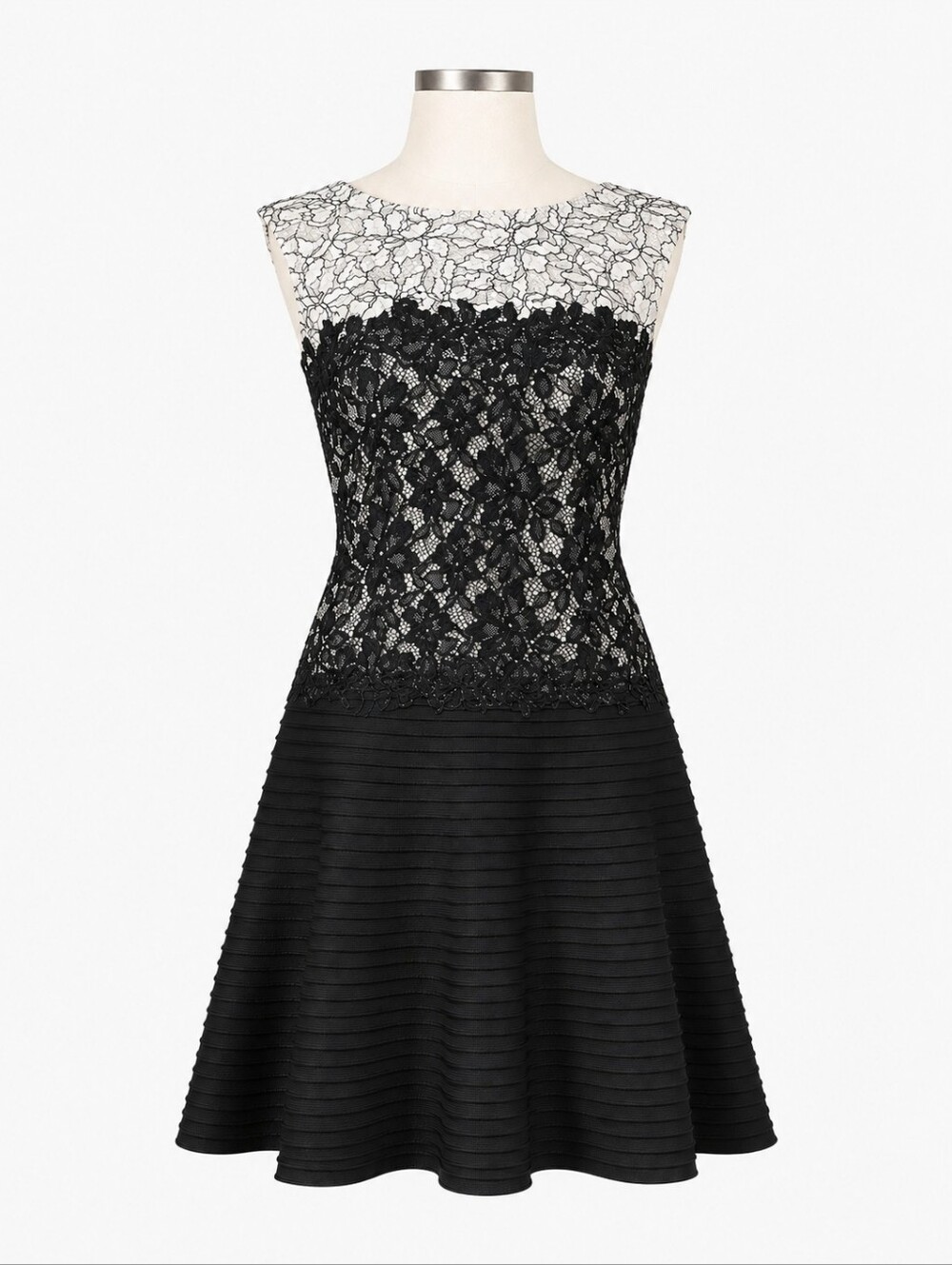 TADASHI SHOJI |‎ Black White Lace Pintuck Neoprene A-Line Bateau Neck Dress | 6